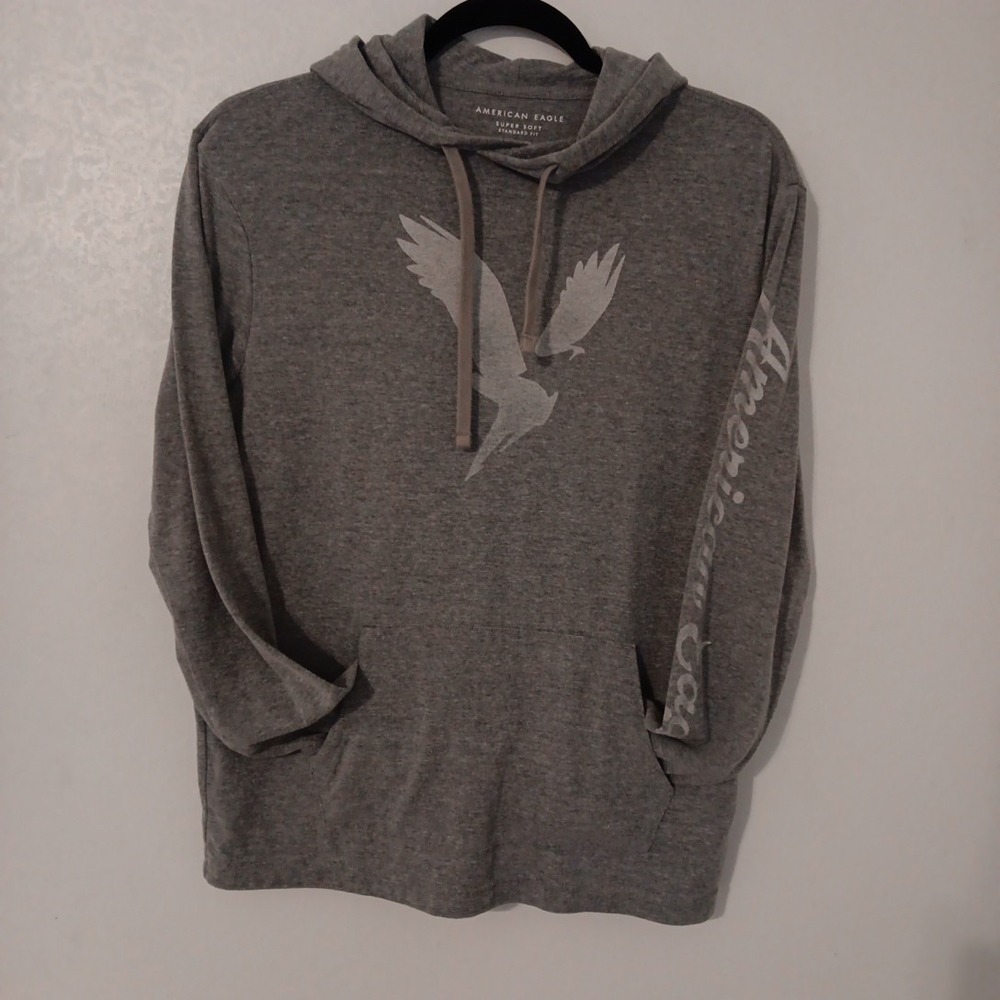 American Eagle Pullover Hoodie Men's XS Gray‎ w/Front Pocket  Logo On Arm/Chest
